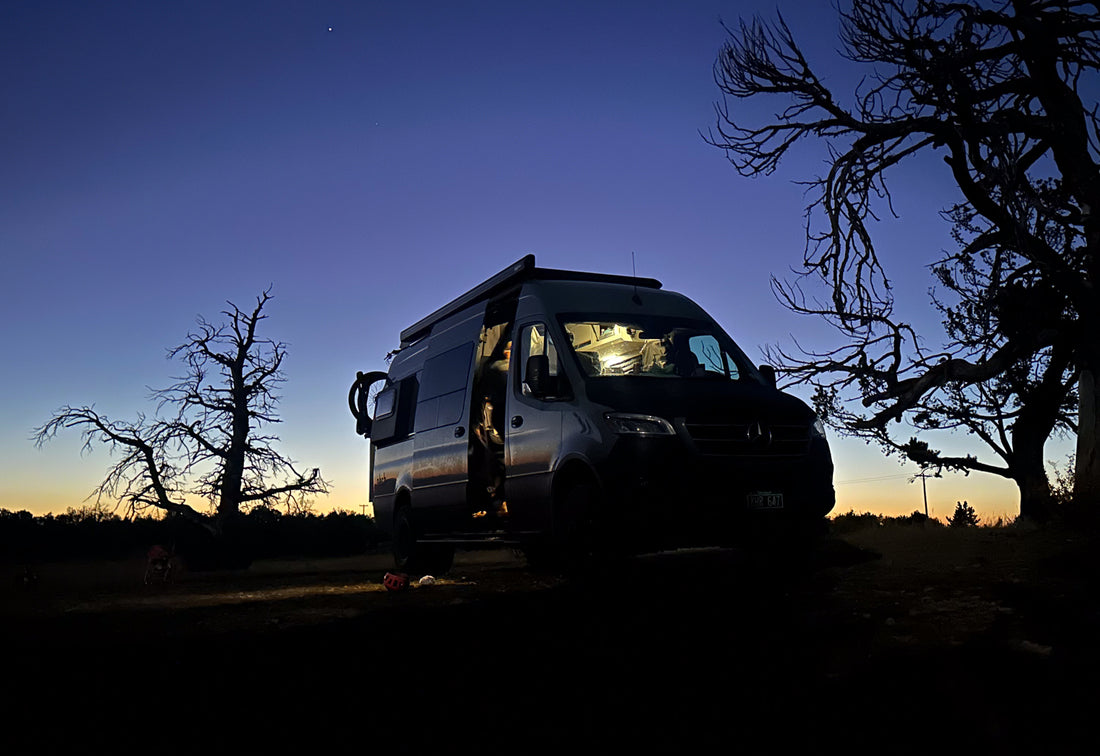 RV with mhs hitch rack at night