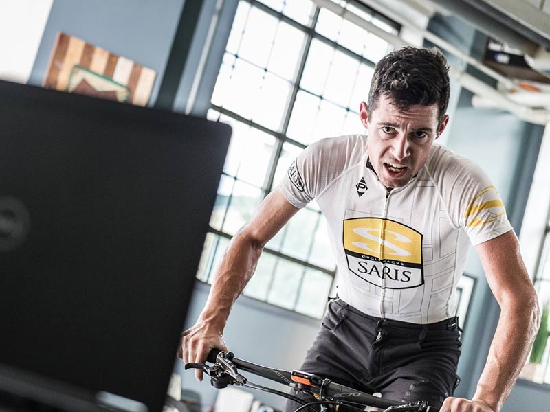 Cyclist working hard on an indoor bike trainer