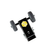 Saris Rack Storage Dolly — wide wheel base and padded cradle cradling hitch rack arm