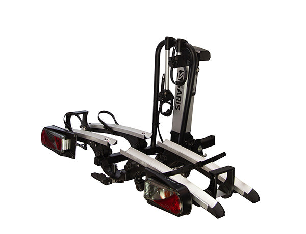 Saris Door County 2-Bike Motorized Hitch Rack — electric motor and platform tray visible