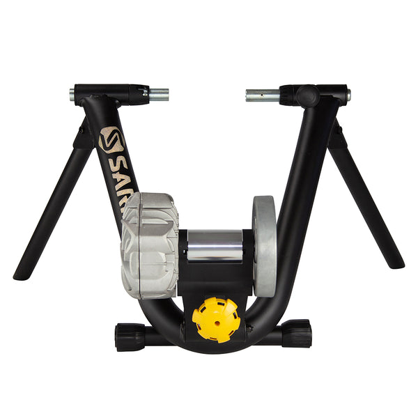 Saris Fluid 2 Smart Trainer — frame clamp open, quick-release slot and resistance roller visible