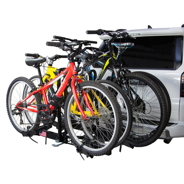 Saris Freedom 4-bike rack — close-up of wheel cradles with bikes