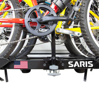 Saris Freedom 4-bike rack — bikes secured, hatch access demonstrated
