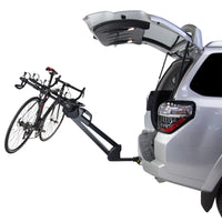 Saris Glide EX 4-bike rack tilted — full hatch access with bike on