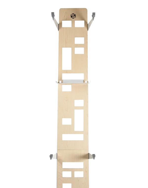 Saris Hottie Bike Floor Stand — full front view of birch plywood vertical panel with cutout slots and grey metal hooks