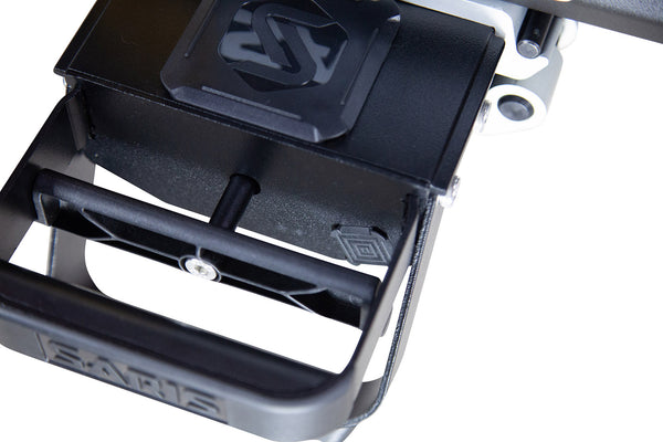 Saris MHS base unit — fold-out carrying handle raised for transport