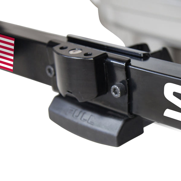 Saris SuperClamp G3 2-Bike Hitch Rack — ratcheting wheel strap close-up