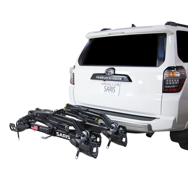 Four bikes loaded on the Saris SuperClamp G3 4-Bike Hitch Rack on an SUV