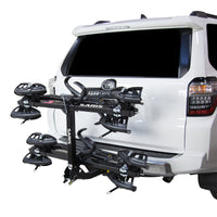Saris SuperClamp G3 4-Bike Hitch Rack — wheel tray and ratchet strap detail