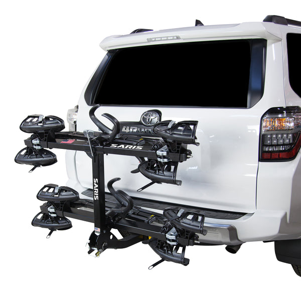 Saris SuperClamp G3 4-Bike Hitch Rack — wheel tray and ratchet strap detail