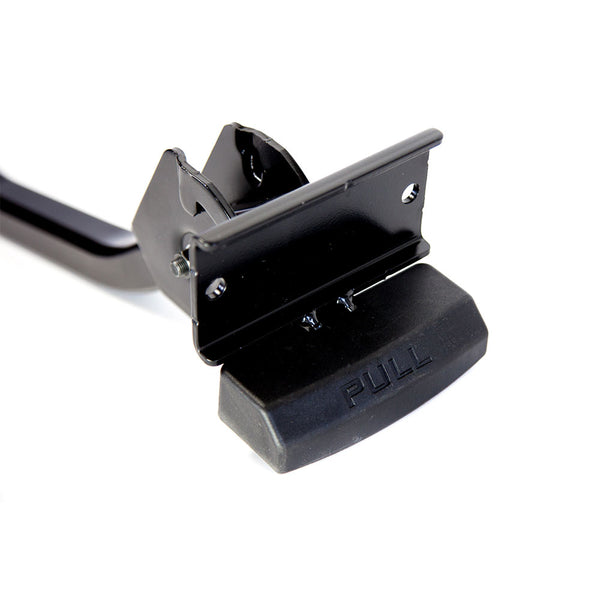 Saris SuperClamp tilting base — installed on vehicle hitch, right-angle view